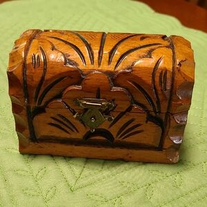 Trunk Small Carved Wooden Jewelry Trinket Box Red Velvet Lining Handmade
